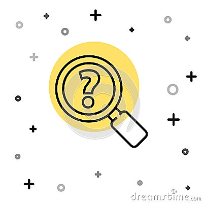 Black line Unknown search icon isolated on white background. Magnifying glass and question mark. Random dynamic shapes Vector Illustration