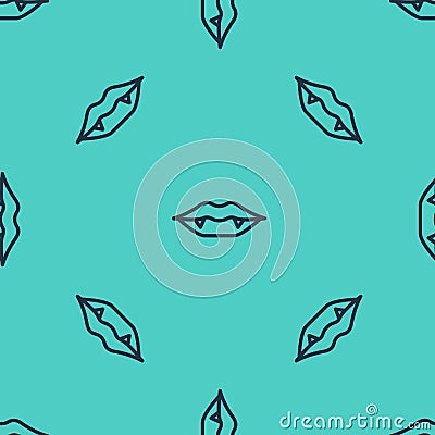 Black line Vampire teeth icon isolated seamless pattern on green background. Happy Halloween party. Vector Vector Illustration