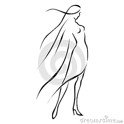 Black line woman in wind Vector Illustration