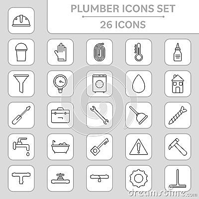 Black Linear Style Plumber Icons On White And Grey Square Stock Photo