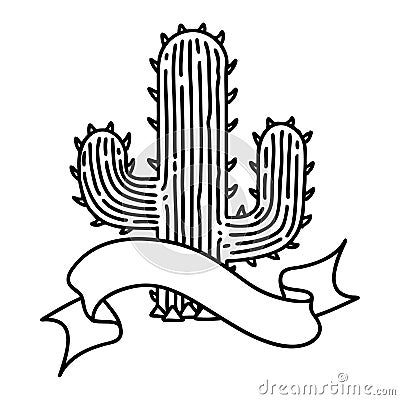 black linework tattoo with banner of a cactus Vector Illustration