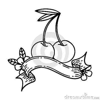 black linework tattoo with banner of cherries Vector Illustration