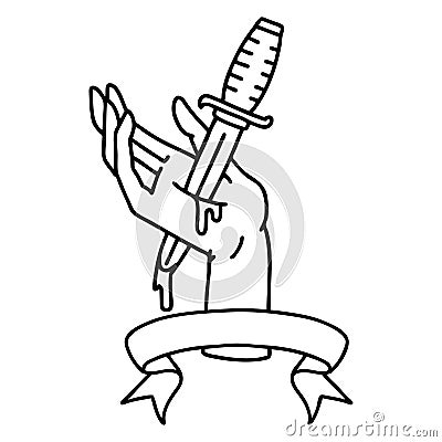 black linework tattoo with banner of a dagger in the hand Vector Illustration