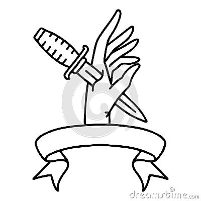 black linework tattoo with banner of a dagger in the hand Vector Illustration