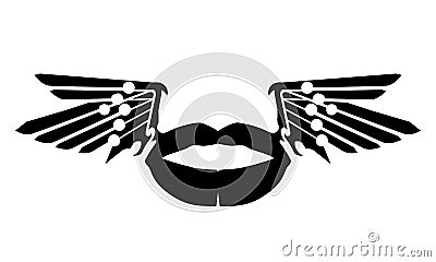 Black lips silhouette with wings. Lip illustration close up isolated. Flying kiss of love Eps10 Vector Illustration