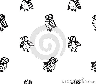 Black little Puffins seamless pattern Vector Illustration