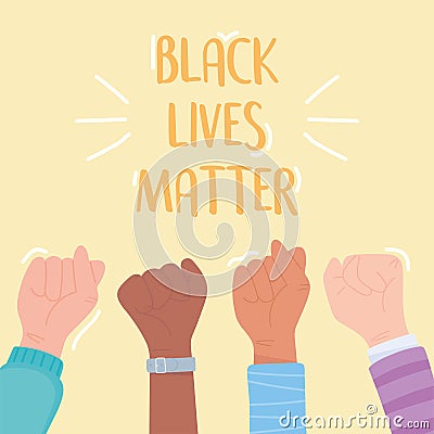 Black lives matter banner for protest, raised hands support awareness campaign against racial discrimination Vector Illustration