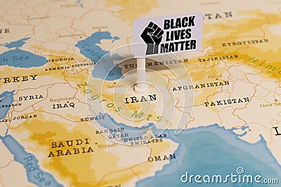 `BLACK LIVES MATTER` Flag on the Iran in the Map Editorial Stock Photo