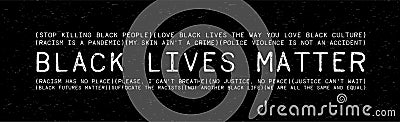 Black Lives Matter grunge rubber stamp on black background. Inspirational quote for motivational racism has no place and Police Vector Illustration