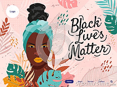 Black lives matter landing page with black woman in a mint turban Vector Illustration