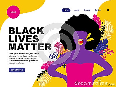 Black lives matter landing page with black woman speak up Vector Illustration