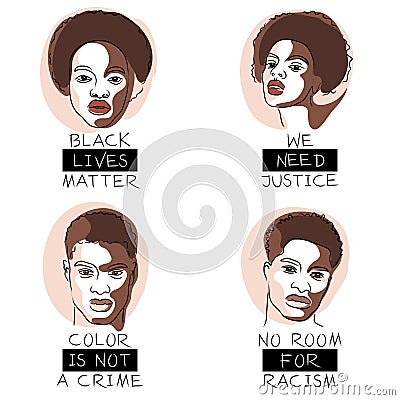 Black Lives Matter. Set of four Protest Banners. Black skin men and women with quotes. Vector Illustration