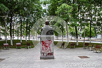 Black Lives Matter Statue of King Baudouin vandalized in Belgium by activists denouncing the colonial past Editorial Stock Photo