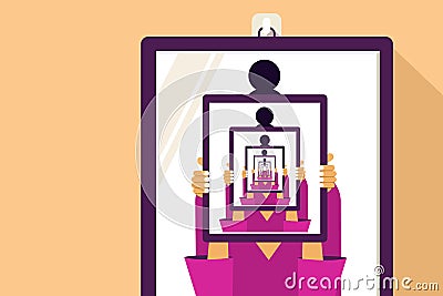 Infinity mirror reflections of a woman holding a mirror in-front of her face Vector Illustration