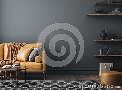 Black living room interior with leather sofa, minimalist industrial style Stock Photo