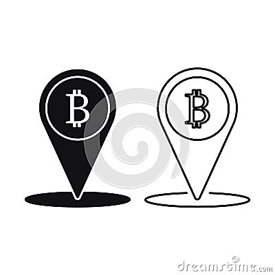 Black Location bitcoin icon isolated on white background. Physical bit coin. Blockchain based secure crypto currency Cartoon Illustration