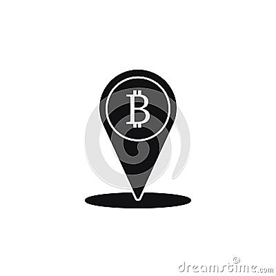 Black Location bitcoin icon isolated on white background. Physical bit coin. Blockchain based secure crypto currency Cartoon Illustration