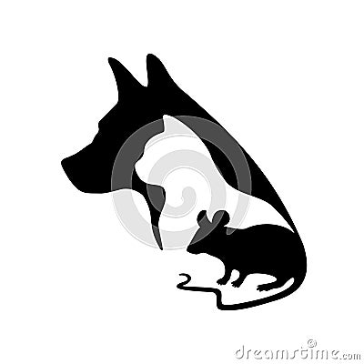 Black logo for veterinary clinic and pet shop. Vector dog, cat and mouse silhouette on a white background. Stock Photo