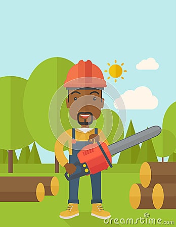 Black Lumberjack cuts a tree by chainsaw Vector Illustration