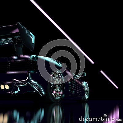 Black Luxury Futuristic Sports Car Drives on Glossy Black Road in Neon Light. Stock Photo