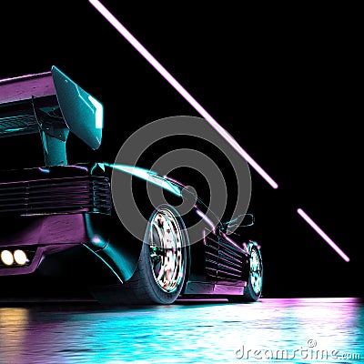 Black Luxury Futuristic Sports Car Drives on Neon Illuminated Road at Night. Stock Photo