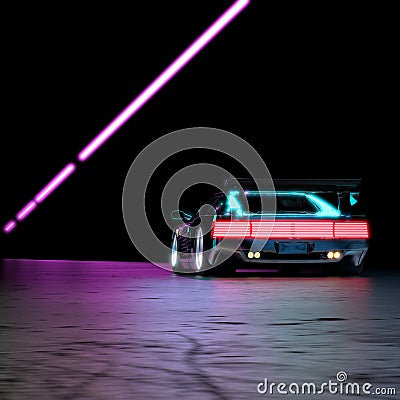 Black Luxury Futuristic Sports Car with LED Taillights Drives on Neon Illuminated Road at Night. Stock Photo