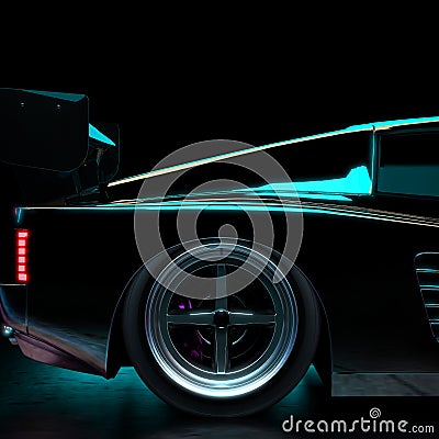 Black Luxury Futuristic Sports Car with Wheel Close Up in Neon Studio Light. Stock Photo