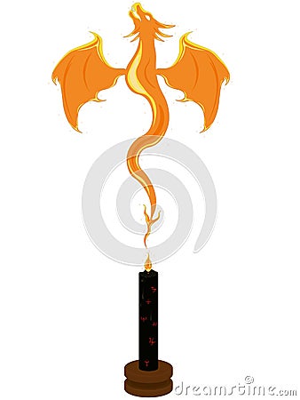 Black magic candle with alchemy symbols and fire dragon vector illustration Cartoon Illustration