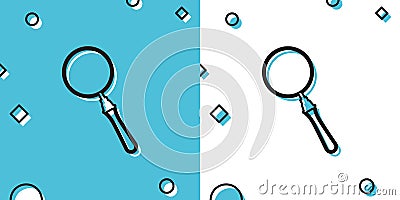 Black Magnifying glass icon isolated on blue and white background. Search, focus, zoom, business symbol. Random dynamic Vector Illustration