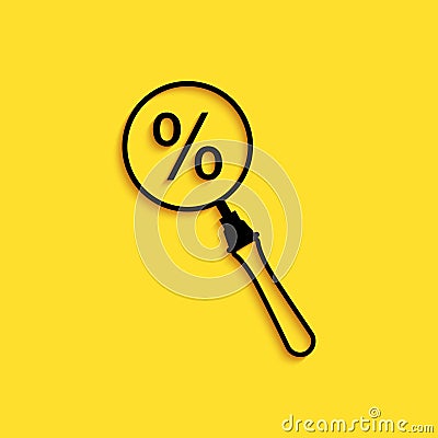 Black Magnifying glass with percent discount icon isolated on yellow background. Discount offers searching. Search for Vector Illustration