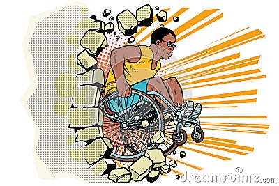 Black male athlete in a wheelchair punches the wall Vector Illustration