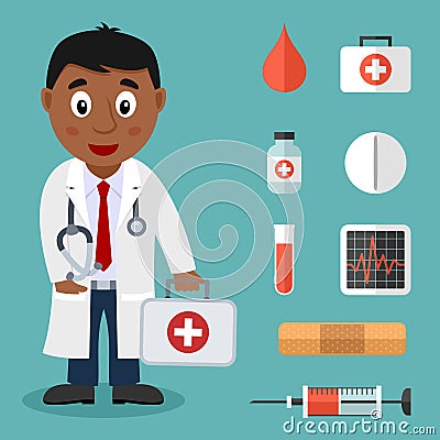 Black Male Doctor and Flat Medical Icons Vector Illustration