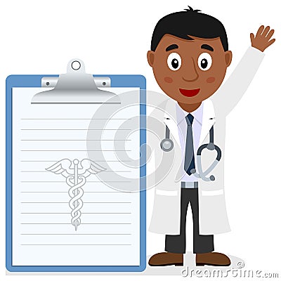Black Male Doctor with Medical Record Vector Illustration
