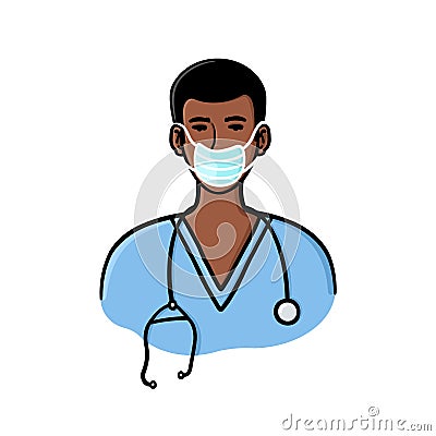 Black male doctor in uniform wearing surgical mask illustration Cartoon Illustration