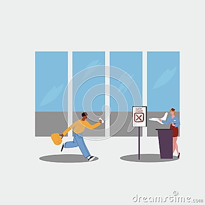 Black male tourist walking and running. Young man with luggage late for the flight, hurry for the plane. Travel and tourism Vector Illustration