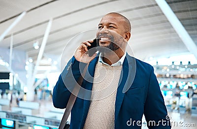 Black man, airport and business call with a smile ready for plane travel and global work. Mobile connection, happiness Stock Photo