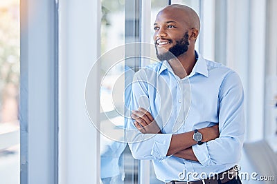 Black man in business, arms crossed and thinking, professional mindset and mission with view out the window. Career Stock Photo