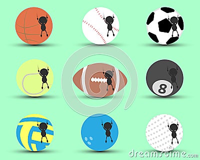 Black man character cartoon hang and clutch sports ball to prevent to falling down with green background. Flat graphic. logo Vector Illustration