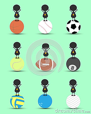 Black man character cartoon stand on sports ball and get the gold medal with green background. Flat graphic. logo design. Vector Illustration