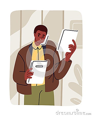 Black man employee talking on mobile phone. Business person, worried office worker calling, speaking on smartphone Cartoon Illustration