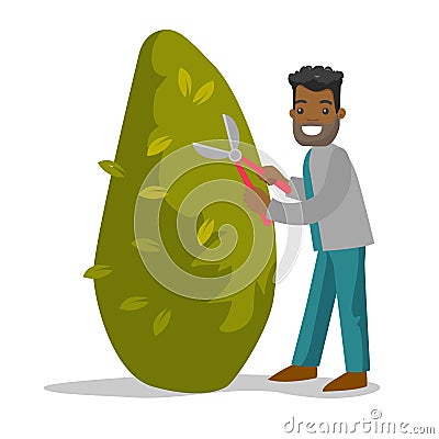 A black man gardener cutting a tree with scissors. Vector Illustration