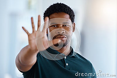 Black man, hands and stop or five gesture for sign, warning or halt raising palm and fingers in protest. Portrait of a Stock Photo