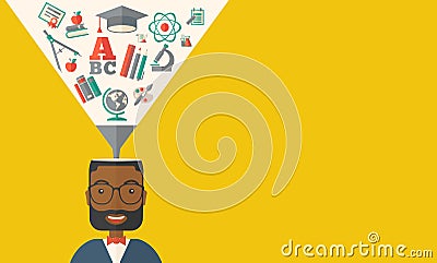 Black man with icons. Student ideas Vector Illustration