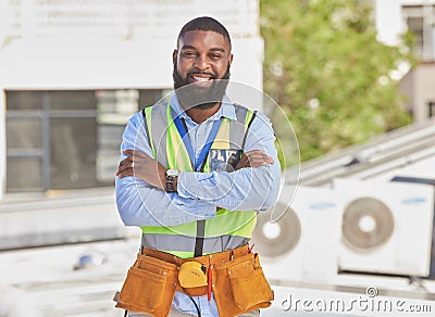 Black man, portrait and construction worker, arms crossed and maintenance, engineer smile and architecture outdoor. Male Stock Photo