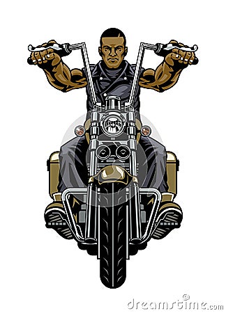 Black Man Riding Vintage Motorcycle in front view Vector Illustration