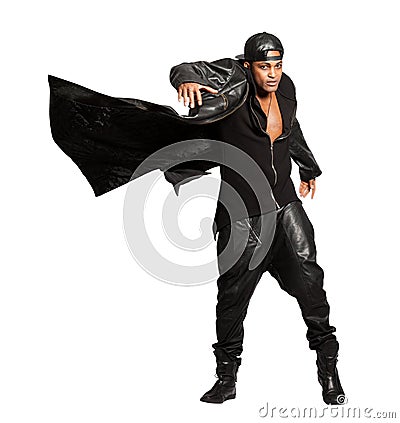 Black man rock leather style isolated on white. Motion mantle. PNG available Stock Photo