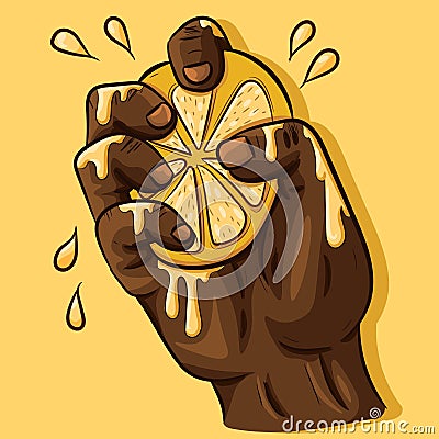 Black man`s hand squeezing lime juice from a slice of lemon. Sliced summer and tropical citric. Vector Illustration