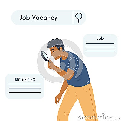 Black man search vacancy with magnifying glass. Male character looking, finding new work opportunities, vacancies Vector Illustration