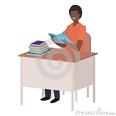Black man sitting in school place reading book Vector Illustration