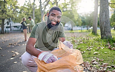 Black man, volunteer portrait and plastic bag for community park cleanup, recycling or cleaning. Ngo person outdoor in Stock Photo